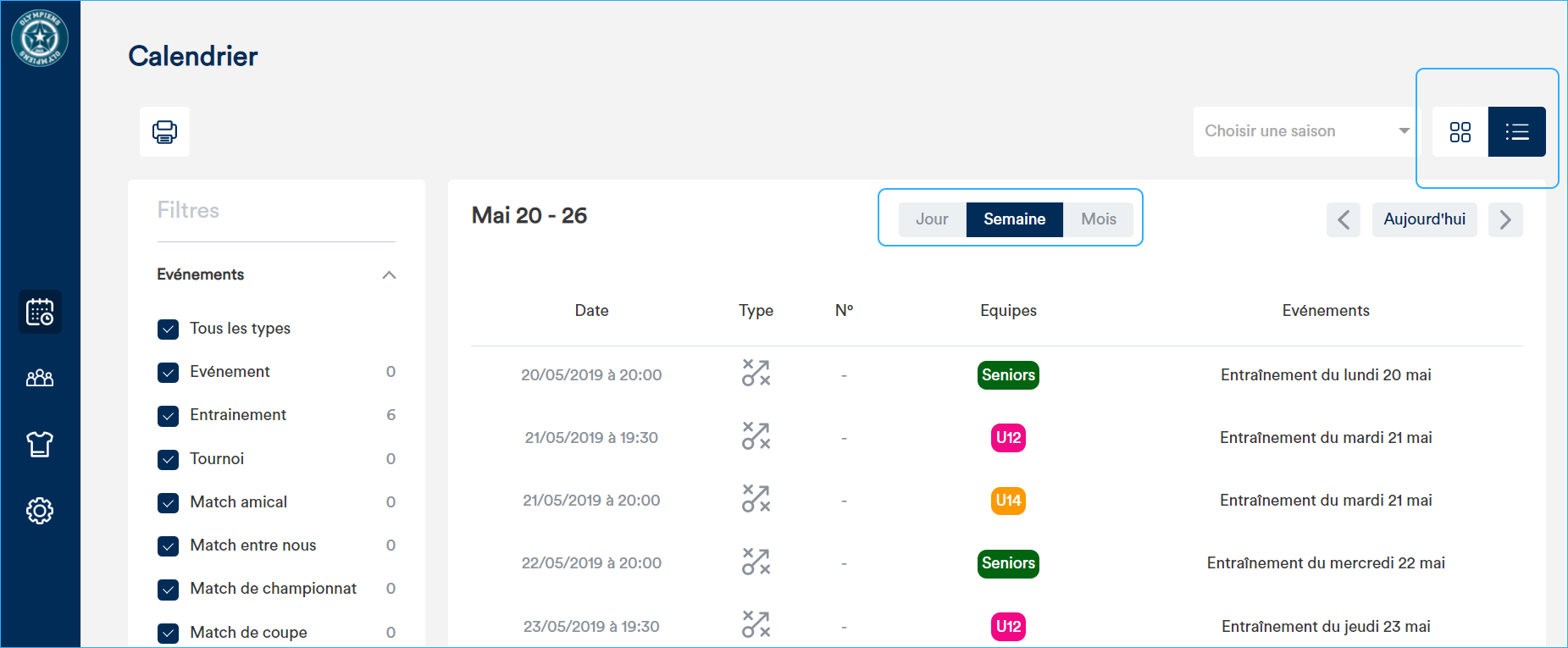 calendrier filtres vue