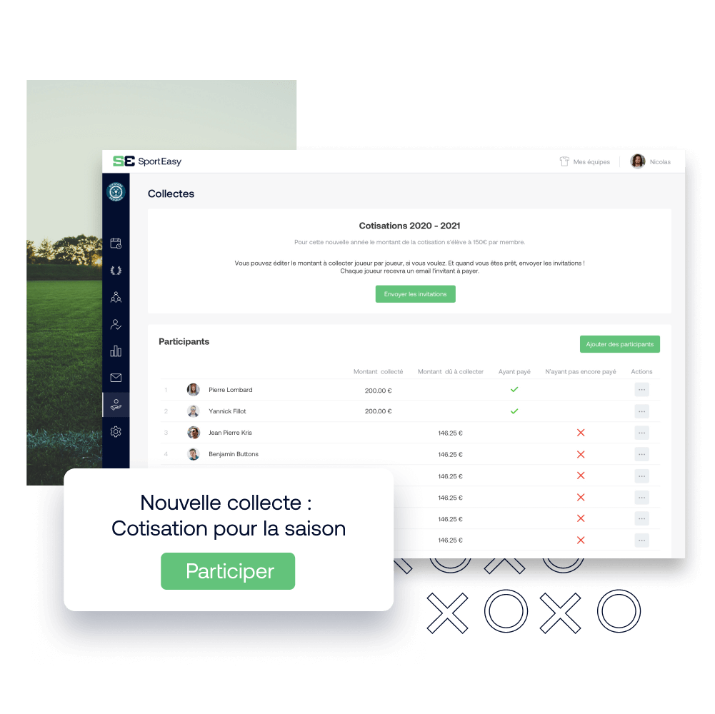 Interface de suivi des collectes de paiement des membres d'une équipe sur SportEasy