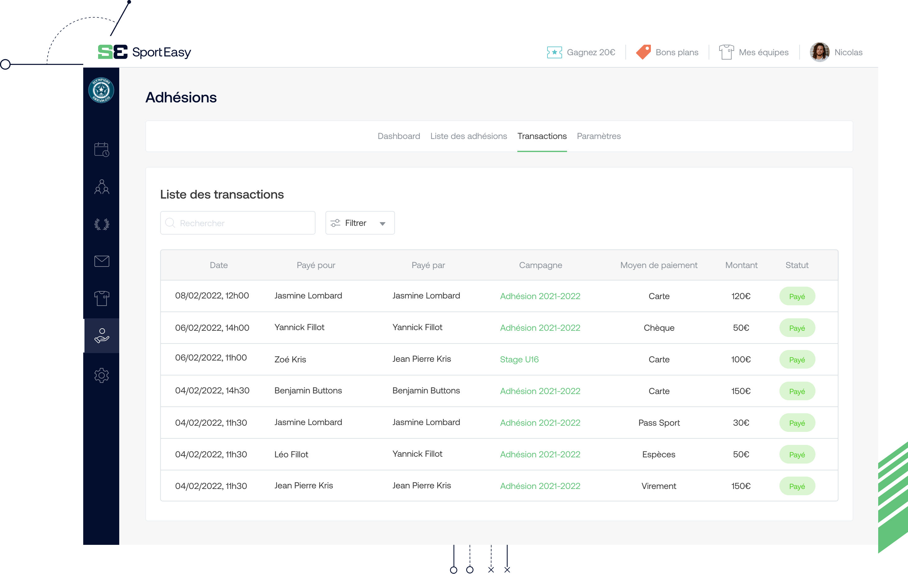 Tableau des transactions dans le cadre d'une campagne d'adhésions sur SportEasy 