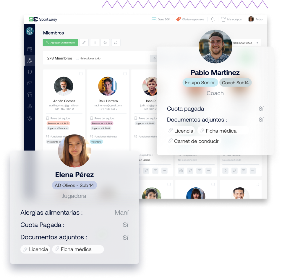 Imagen que muestra la gestión de los datos de los miembros de un club en SportEasy Club